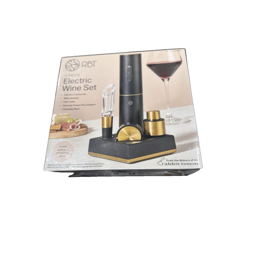 RBT 5 Piece Electric Wine Set Corkscrew Aerator Stopper Foil Cutter Base New